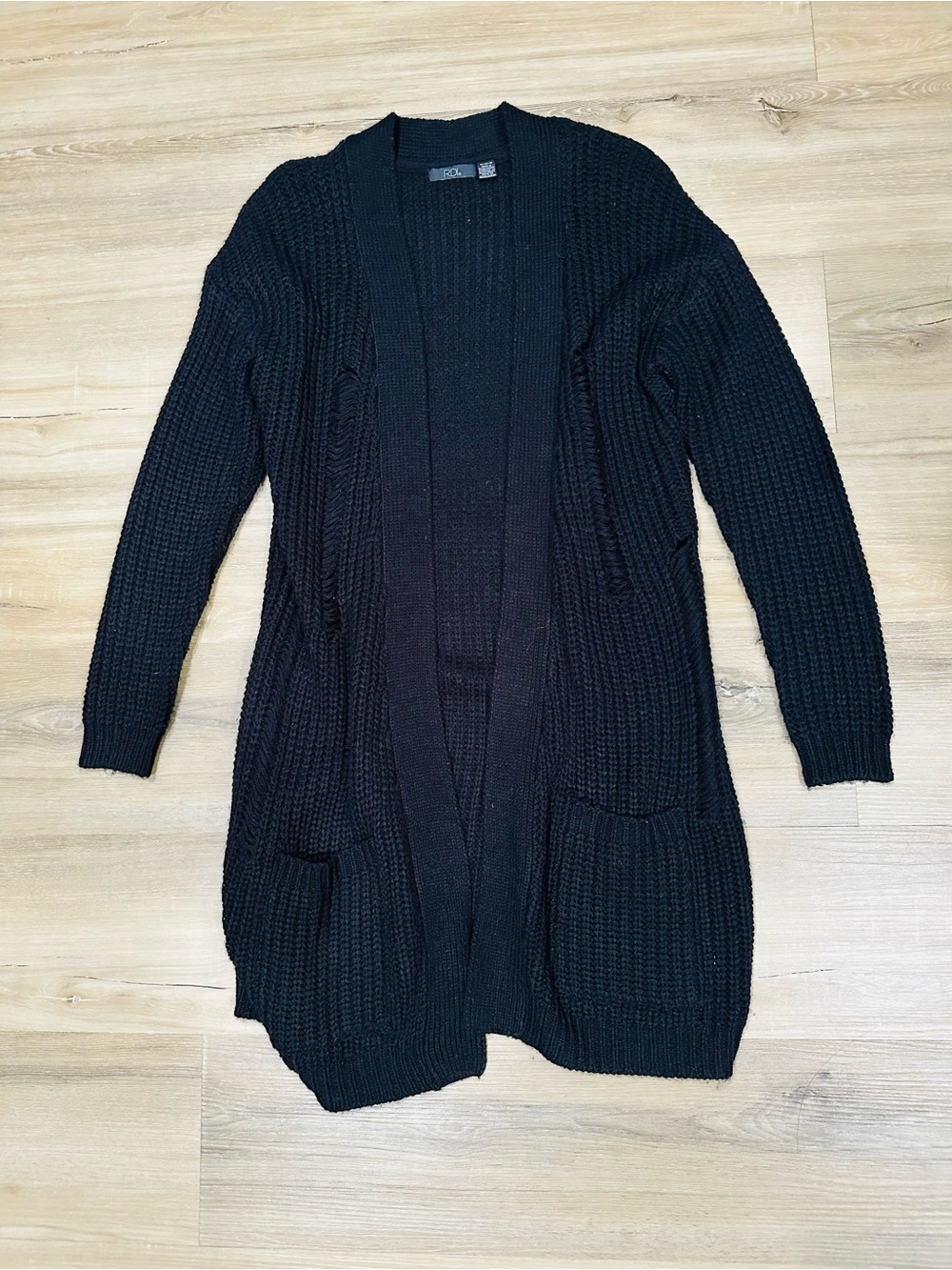 RDI Black Distressed Longline Cardigan Sweater Open Front Grung